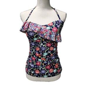 Liz Claiborne Swimwear Navy Flower Bandeau Tankini Swim Top Size Medium
